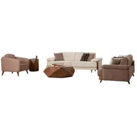 JVmoebel Polstergarnitur Sofagarnitur 3+3+1 Sitzer Beige Braun Stoff Holzfüße Skandi Modern, (3-tlg., Sofa 3-Sitzer, Sessel), Made in Europe braun