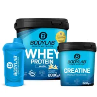 Bodylab24 Megadeal Basic Aufbau, Whey Protein Vanille, Creatine Monohydrate + Shaker für Kraftsport und Fitness, kann den Aufbau und Erhalt von Muskelmasse unterstützen