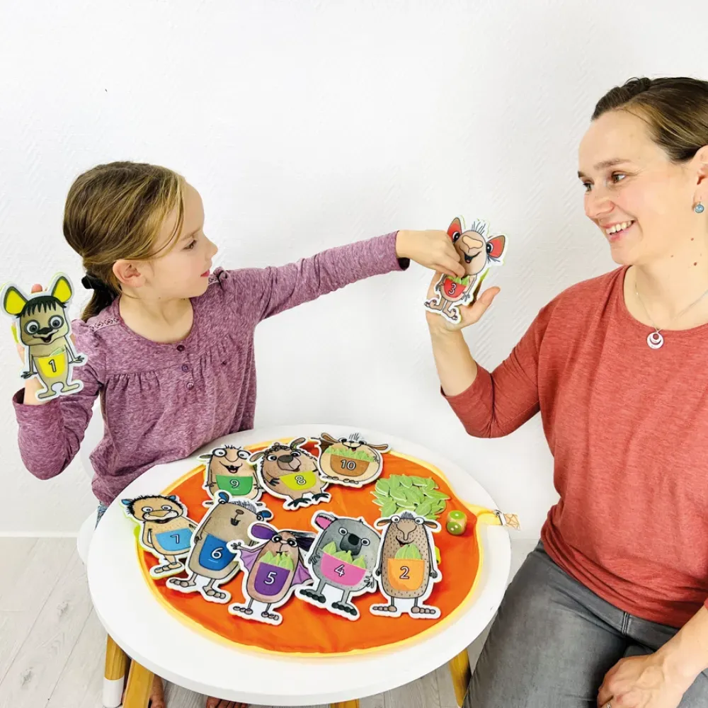 Beleduc Zahlenspiel 1–10 mit Mormels Lernspiel – bunt, Karton/Papier/Kunststoff – Fingerpuppen, 4–7 Jahre, Mengenverständnis