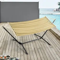DELUKE® Outdoor Hängematte mit Gestell LOBI [PURE ENTSPANNUNG] mit Hängemattengestell, bis 120kg, Für Garten Terrasse Balkon Aussen 300x100x105 Beige