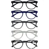 OPULIZE BLU Blaulichtfilter Lesebrille für Damen Herren, Blendfreie UV400-Schutz Federscharnier Anti-Müdigkeit, Runder Rahmen, Computerbrillen Gaming, 5er-Pack Schwarz Blau Grau Eis Grau +1,00