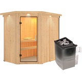 Karibu Sauna Carin mit Eckeinstieg 68 mm - 9 kW Ofen integr. Steuerung-Inkl. Dachkranz-Klarglas Ganzglastür