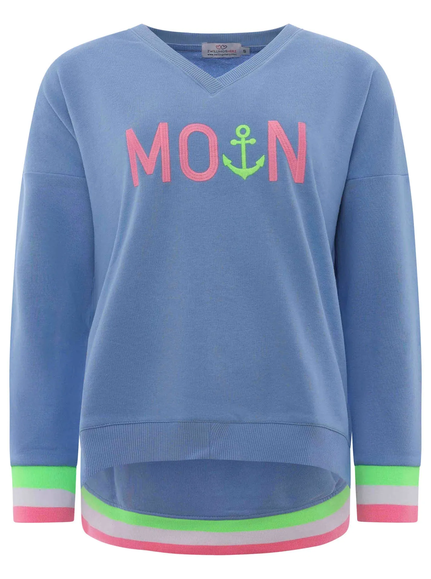 Zwillingsherz Sweatshirt, mit V-Ausschnitt und aufgesticktem "Moin" in Neonfarben Zwillingsherz hellblau SM