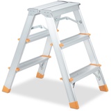 Relaxdays Trittleiter, Aluminium, klappbar, 3 Stufen, Leiter bis 150 kg, beidseitig begehbar, Stehleiter, Silber/orange