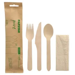 PAPSTAR 50 Bestecksets, Holz "pure" : Messer, Gabel, Löffel, Serviette in Papierbeutel