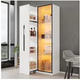 i@home Hochschrank Vitrine,Bücherregal,Multifunktionsschrank,Weiß (Packung set) mit Glastür,Rollen und LED,70*40*160cm weiß