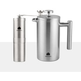 Groenenberg Spar Set 1 | French Press Thermo (3 Größen) + Kaffeemühle manuell | Edelstahl Kaffeepresse Kaffeebereiter + Edelstahl Handkaffeemühle
