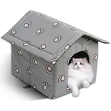 Katzenhaus Outdoor, Katzenhaus Outdoor Winterfest Isoliert, Katzenhöhle für Draußen Wasserdicht mit Abnehmbarem Kissen für Streuner Haustiere Kleine Hund Katze (M, Grau)