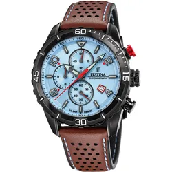 Chronograph FESTINA, blau (braun, hellblau), Armbanduhren, Herren, Armbanduhr, Quarzuhr, Herrenuhr, Stoppfunktion, Lederarmband