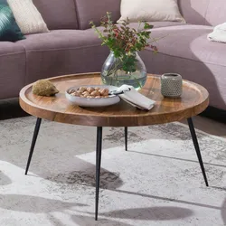 Kadima Design Industrial-Stil Couchtisch, Runde Holzplatte, Metallbeine, handgefertigt, pflegeleicht. 75x75x39 cm