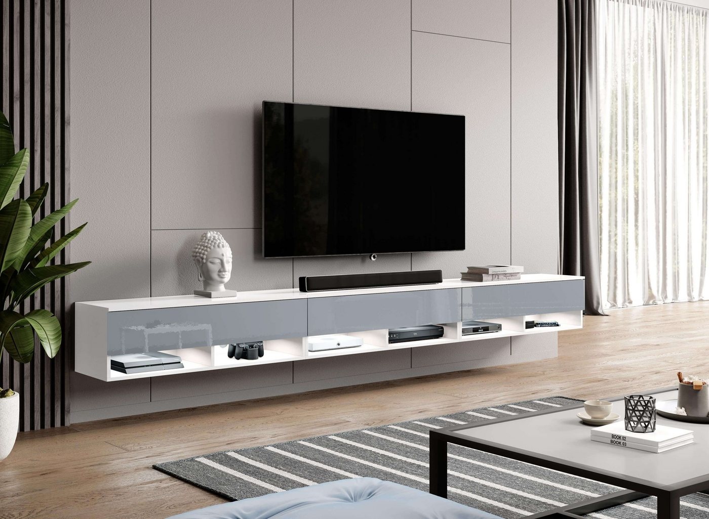 Furnix TV-Schrank ALYX 300 cm Lowboard TV-Kommode mit 3 Türen ohne LED B300 x H34 x T32 cm, (3x100cm) grau|weiß