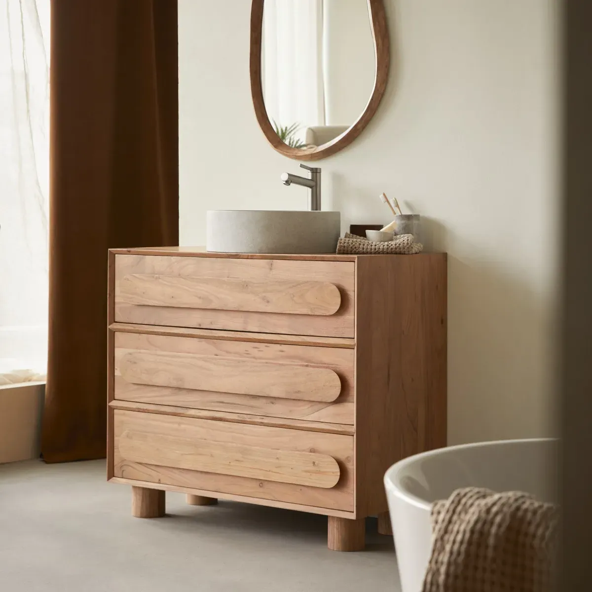 Waschtischunterschrank aus massivem Akazienholz 90 cm - Olga