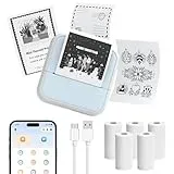 OFFCUP Mini Drucker Thermo, Kleiner Fotodrucker für Smartphone Bluetooth Taschendrucker mit 5 Papierrollen, Tragbarer Mini Printer Thermodrucker für Studiennotizen Fotos Memo Liste, Blau