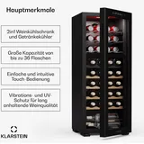 Klarstein Bovella 36 Duo+ Weinkühlschrank – 36 Flaschen, 2 Zonen, 5–18°C, Touch-Bedienung, LED-Beleuchtung, UV-Schutz, freistehend, Weinklimaschrank