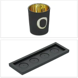 Relaxdays Teelichthalter mit Tablett & Steinen, 33 cm, Tischdeko Wohnzimmer, Esszimmer, Teelichtgläser Home, schwarz