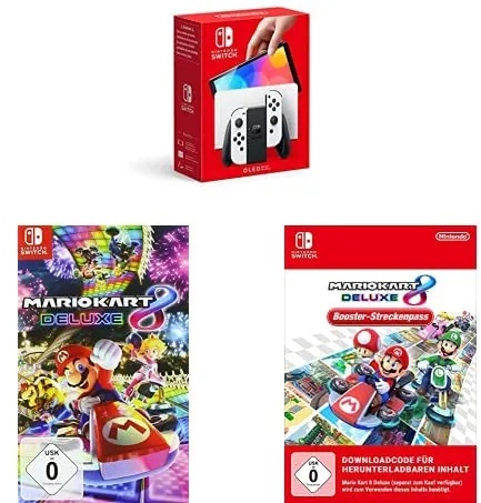 Nintendo Switch (OLED-Modell) Weiss + Mario Kart 8 Deluxe - [Nintendo Switch] + Booster-Streckenpass - [Download Code]