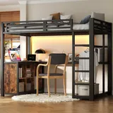 STILVORA Hochbett 140×200 mit Matratze & Schreibtisch Jugenbett Metallbett mit Stauraum (Metallbett 140x200 mit Schreibtisch, Stauraum, LED, Metall+MDF, USB-Anschluss, Kleiderschrank, stabil, schwarz) für Schlafzimmer, Jugendzimmer, kleine Räume