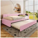 TavilaEcon Stapelbett Tagesbett, Schlafsofa mit Nachttischlampe und USB-Anschluss, mit multifunktionalem Ausziehbett und Typ-C, weiß/rosa rosa 145 cm x 208 cm x 66.5 cm