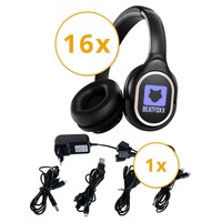 Beatfoxx SDH-340 Silent Disco V2 Set mit 16 Kopfhörern & 1 Ladegerät Funk-Kopfhörer (Wireless Stereo Kopfhörer für Silent Disco-Anwendungen, UHF-Technik, 3 empfangbare Kanäle) schwarz