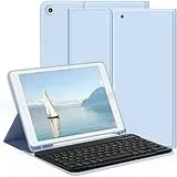 aoub Hülle mit Tastatur für iPad 9./8./ 7. Generation, Kabellose QWERTZ Tastatur Hülle mit Stifthalter für iPad 10,2 Zoll 2021/2020/2019, Himmelblau
