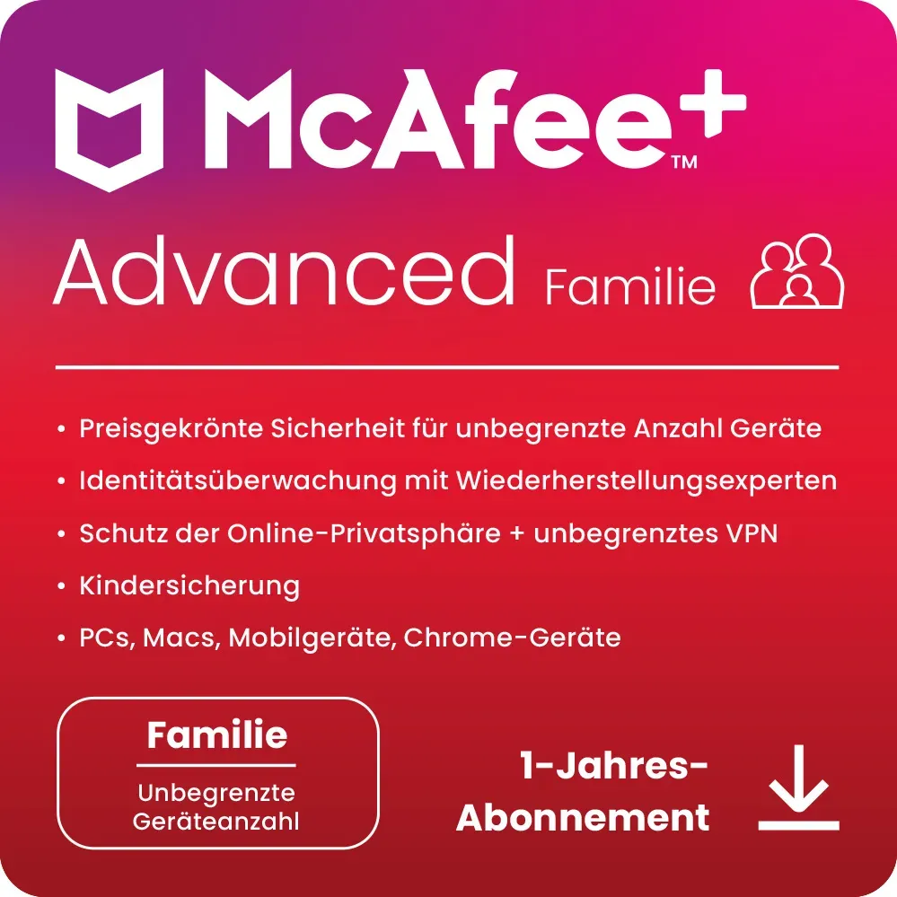 Preisvergleich Produktbild McAfee Plus Advanced - Family Geräte unbegrenzt - 1 Jahr