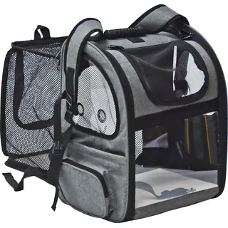 fudajo Ausziehbarer Haustier Rucksack 27x35,5x41,5 cm bis 6kg, Hunderucksack, Katzenrucksack mit Netz und Fenstern, Schwarz und Grau