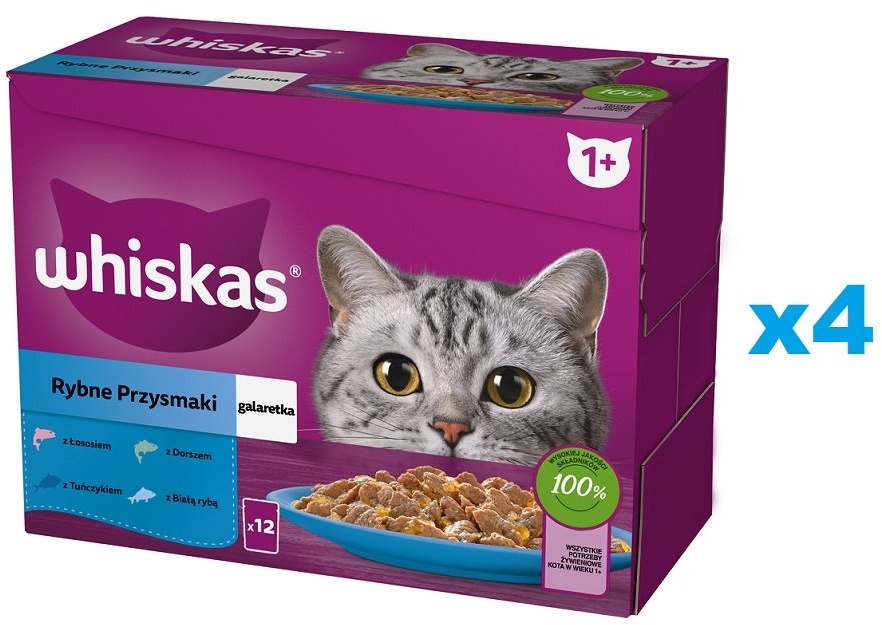 WHISKAS Adult 48x85g Fish Delicacies Nassfutter für ausgewachsene Katzen in Gelee mit: Lachs, Thunfisch, Kabeljau, Weißfisch