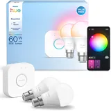 Philips Hue Essential Starter-Set: Bridge + 2 Essential B22 Smart Leuchtmittel, Weiß und Farbe, 2200 K-6500 K, dimmbar, funktioniert mit Alexa, Google Assistant, Samsung SmartThings, Apple Home