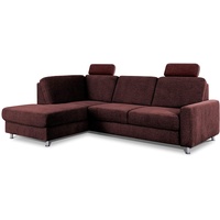 CAVADORE Ecksofa Clint / L-Form-Sofa mit Federkern und Ottomane links / Inkl. Bett, Bettkasten & Kopfstützen / Soft Clean: Leichte Fleckenentfernung / 246 x 86 x 165 / Flachgewebe: Weinrot