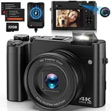 4K Digitalkamera Fotokamera Dual Kamera 64 MP Autofokus Vlogging Fotokamera mit 32GB Speicherkarte, Kompaktkamera für Jugendliche und Einsteiger, Anti-Shake, 16X Digitalzoom, 2 Akkus& Ladegerät