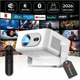 Smart Beamer Android 14 4K 300 ANSI WLAN Bluetooth 6 Autofokus Keystone 150" Tragbar Mini Projektor Heimkino Reagle - Weiß