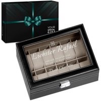 Maverton Uhrenbox mit Gravur für 12 Uhren - 30x20x8cm - Uhrenkasten aus Kunstleder - Schwarz - Geschenk für Männer - Zitat