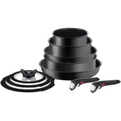Topf-Set TEFAL "Ingenio Ultimate, Topf und Pfannenset abnehmbarer Griff, stapelbar", schwarz, H:24cm, Töpfe, Topf-Set, platzsparend, Pfannenset Induktion mit Antihaftversiegelung, L76491