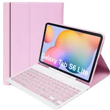 Hülle mit Tastatur für Samsung Galaxy Tab S6 Lite 2024/2022/2020, Schutzhülle mit S - Pen Halter Wireless Tastatur (Deutsches Layout) für Tab S6 Lite 10,4' (P610/P613/P615/P619/P620/P5625), Rosa