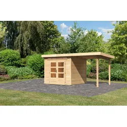 Gartenhaus KARIBU ""Ammersee 3" SET mit Anbaudach 2,35m Breite", beige (naturbelassen), Gartenhäuser, naturbelassen oder terragrau