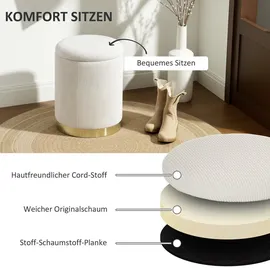 Homcom Sitzhocker mit Stauraum Hocker mit Stahlboden, Runder Fußhocker Polsterhocker mit Fußpads, Kordoptik 36 x 36 x 44 cm Cremeweiß