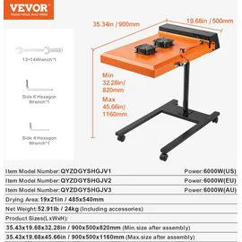 Vevor Schnelltrockner, 6000 W, 485 x 540 mm, Infrarot-IR-Blitztrockner für Siebdruck, 0–750 °F Temperaturregelung, Siebdrucktrockner mit Sensor,