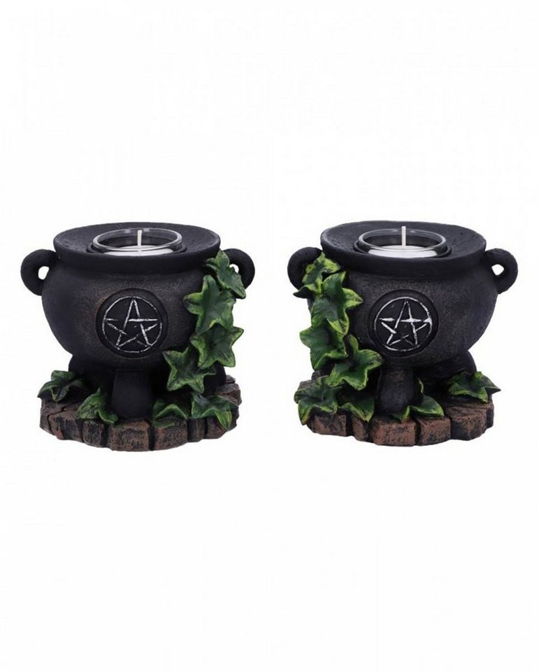 Horror-Shop Dekofigur Schwarze Hexenkessel mit Efeu & Pentagramm Teelich grün|schwarz|silberfarben