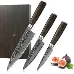 Wakoli EDIB Essentials 3er Damastmesser-Set - 20cm, 13cm & 10cm Klingen aus 67 Lagen Damaststahl - Pakkaholzgriff - Inklusive Holzbox & Fingerschutz