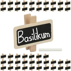 Relaxdays Tafelklammern 48 Stück, zum Beschriften, mit Kreide, Kräutergarten, Schild 4x2cm, Holz Pflanzenschilder, natur