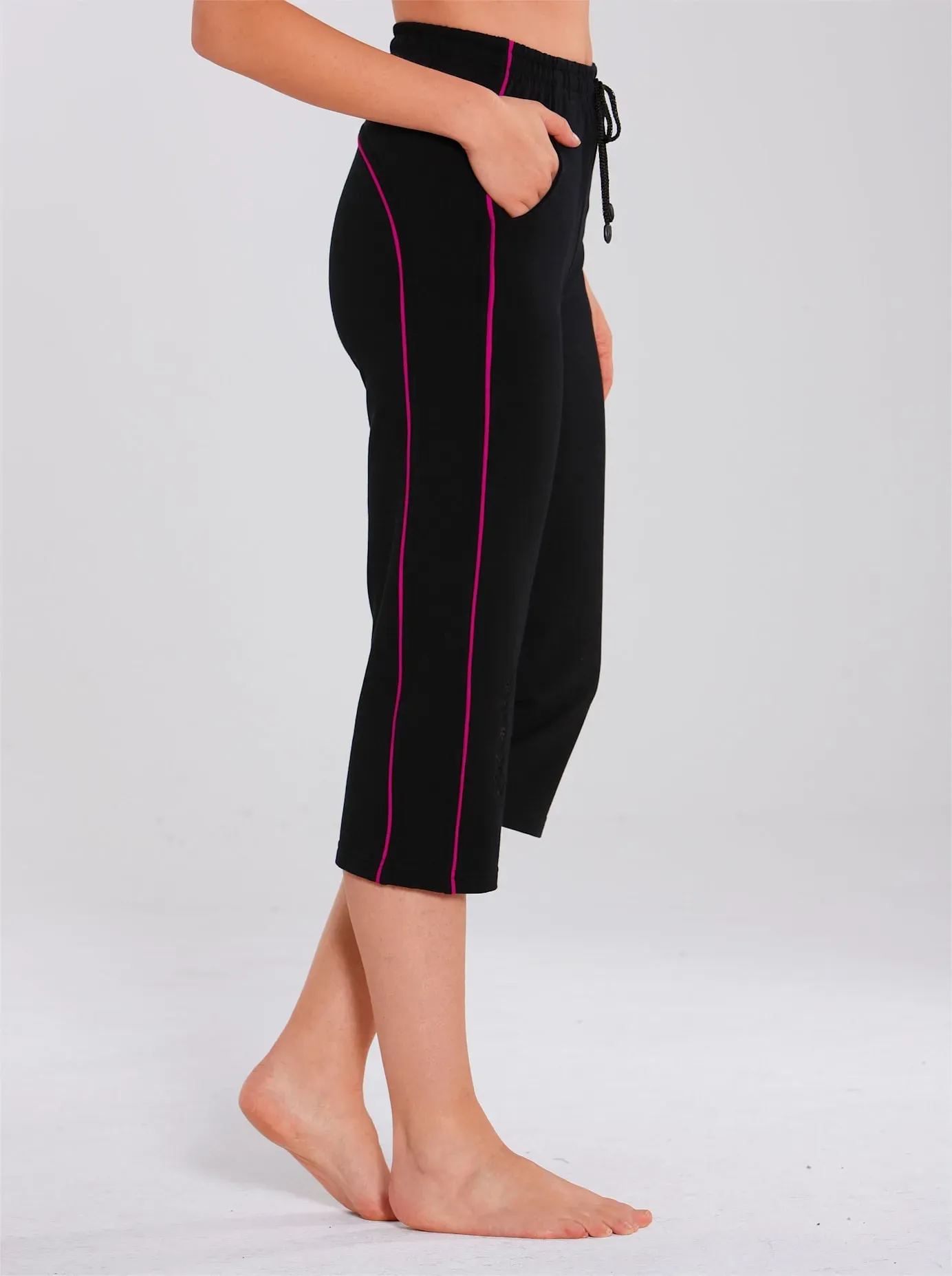Sporthose CATAMARAN, Damen, Gr. 36/38, Normalgrößen, schwarz (schwarz, pink), 92% Baumwolle, 8% Elasthan, gemustert, gestreift, unifarben, 3/4-Länge, Hosen Sporthose