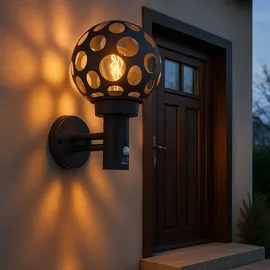 GLOBO LED Aussenlampe mit Bewegungsmelder anthrazit Wandlampe mit Bewegungsmelder Außen Wandleuchte Kugel, im Loch-Design, 1x Filament LED warmweiß Edelstahl ALU, H 32,7 cm