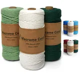Makramee Garn 3er Set, Makramee Garn 3mm x 100m, Macrame Cord, Baumwollkordel Natur für DIY Handwerk, Böhmisches Dekor, Hängepflanze Pflanze Aufhänger ((Natur, Hellgrün, Dunkelgrün))