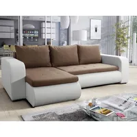 Easy4You Brooklyn Dunkelbeige und Weiß Kunstleder Ecksofa L-Form 245 cm mit Schlaffunktion und Stauraum - Schlafsofa mit Bettkasten - Moderne Wohn...
