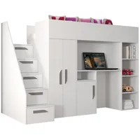 Unique Home Hochbett Kinderbett PAR 14, Inkl. Schreibtisch, Kleiderschrank und Treppe