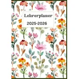 Bookmundo Lehrerplaner 2025-2026:Organisations- und Unterrichtskalender mit Wochen-, Monats- und Jahresübersicht im grünen und orangefarbenen Aquarellblumen