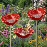 Vogeltränke Blume, Vogeltränke Stehend, Ekorative Bienentränke, Handgefertigt Gartenstecker Vogelbad Blume Dekorative Futter und Tränkschale für Vögel und Bienen (Red*3)
