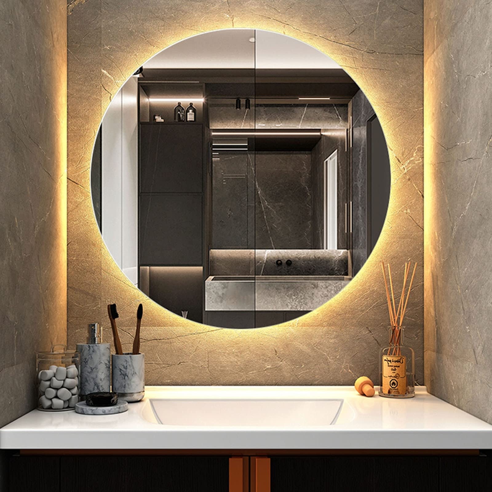 Bathroom mirror Spiegel Mit Hintergrundbeleuchtung, Runder Kosmetikspiegel Mit Lichtern, LED-beleuchteter IP64 Wasserdichter Badezimmerspiegel, Wandspiegel (Color : Warm Light 3200k, Size : 60x60cm)
