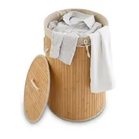 Relaxdays Wäschekorb Bambus, Faltbare Wäschetonne mit Deckel, Volumen 70 l, Wäschesack Baumwolle, rund Ø 41 cm, Creme