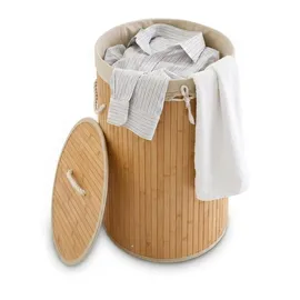 Relaxdays Relaxdays, Wäschekorb Bambus, Faltbare Wäschetonne mit Deckel, Volumen 70 l, Wäschesack Baumwolle, rund Ø 41 cm, Creme